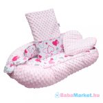   Luxus babafészek párnával és paplannal New Baby Minkyből rózsaszín szívecskék