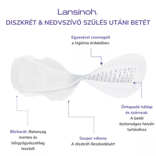Lansinoh egészségügyi betét szülés utáni diszkrét és nedvszívó 2.héttől egyesével csomagolt 12db