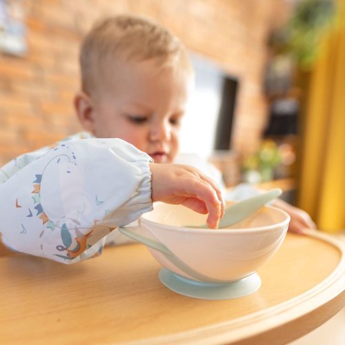 BabyOno tányér - tapadó aljú, fedeles, kanállal krém/zöld 1063/07