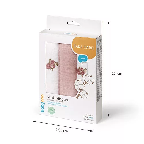 BabyOno textilpelenka színes 3db púderrózsaszín rózsamintás 348/13