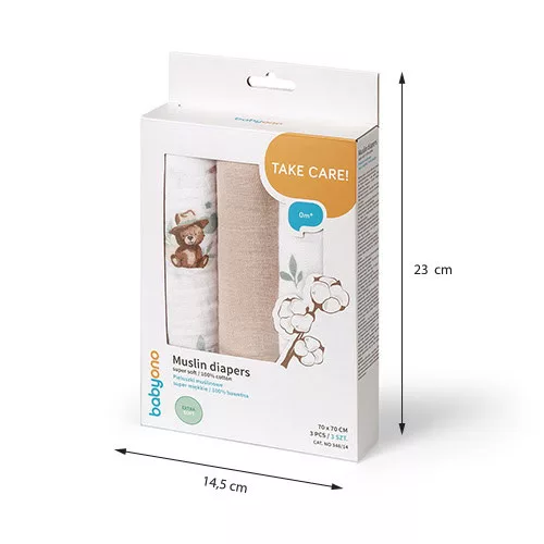 BabyOno textilpelenka színes 3db bézs macimintás 348/14