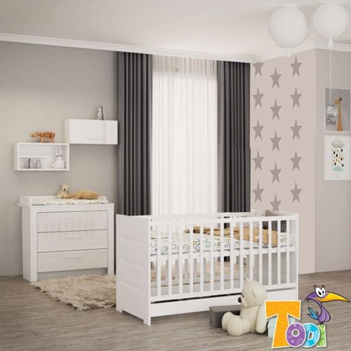 Todi White Bunny babaszoba szett - átalakítható 70x140cm kiságy és 3 fiókos komód pelenkázó feltéttel