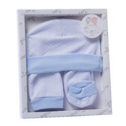   Gamberritos kiegészítő szett újszülötteknek 3 részes (sapka, kesztyű, kiscipő) pöttyös kék 9723