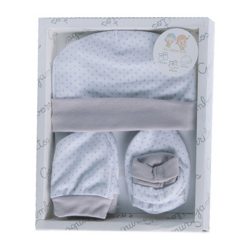   Gamberritos kiegészítő szett újszülötteknek 3 részes (sapka, kesztyű, kiscipő) pöttyös szürke 9723