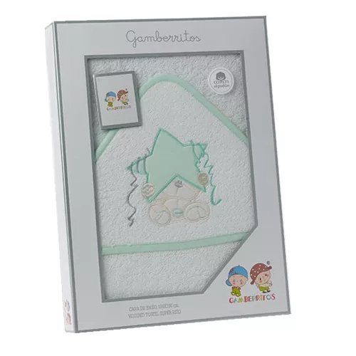 Gamberritos fürdőlepedő - kapucnis 100x100cm csillag és maci fehér/zöld 10686