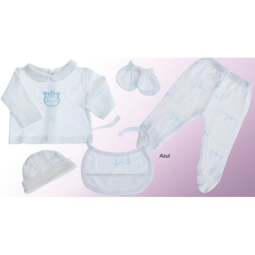 Gamberritos kiegészítő szett újszülötteknek 5 részes (sapka, kesztyű, nadrág, póló, előke) kék 10911