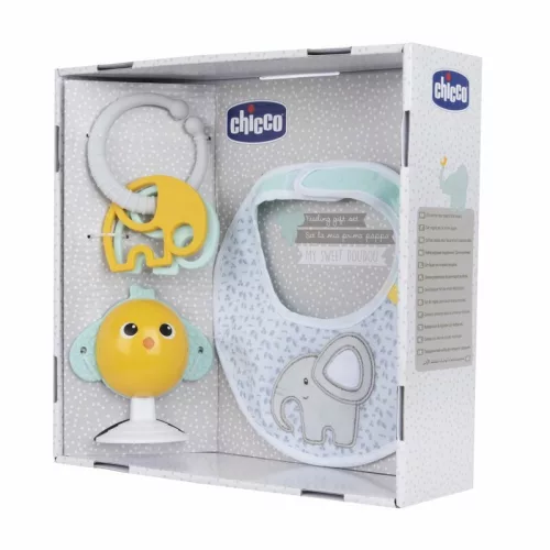 Feeding gift set - Étkezéshez ajándékszett előke-etetőszékjáték-rágóka