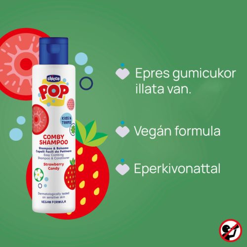 POP sampon és balzsam 250 ml epres gumicukor illatú gyerekek és tinik részére